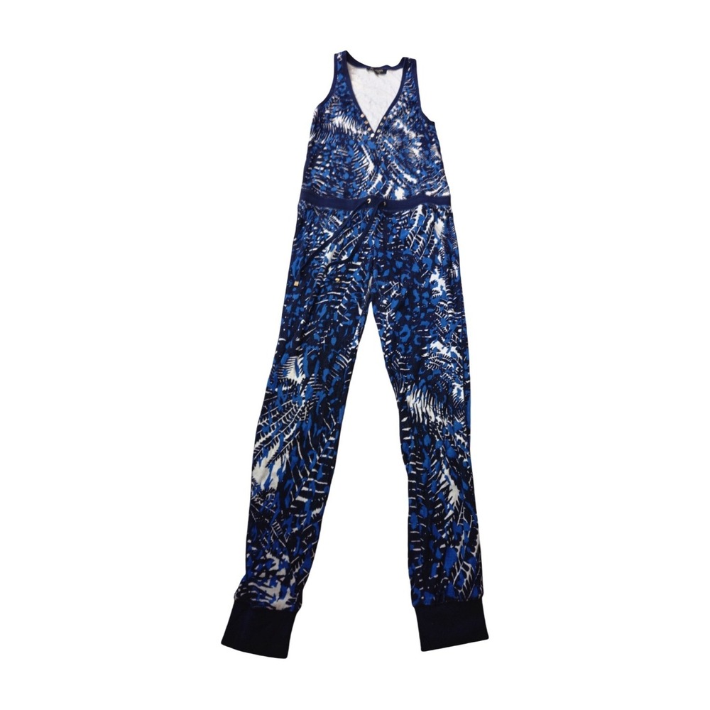 Juicy Couture Blue White Palm Print Sleeveless Jumpsuit Drawstring Waist Small